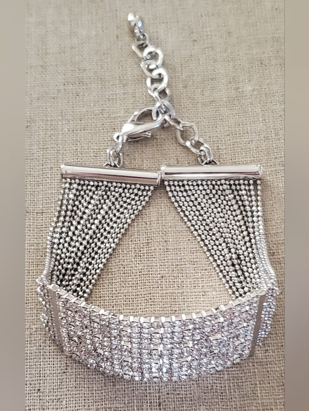 Sparkling Rhinestone Mesh Wide Cuff Bracelet | Silver Tone Statement Wristband - Picture 2 of 8